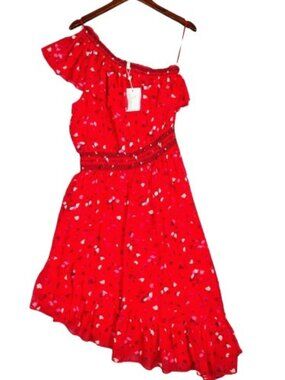 Joie Midi Dress Women's M Red Floral 100% Silk One Shoulder Asymmetrical Hem NWT